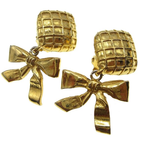 Chanel Quilted Bow Dangle Earrings Clip-On Gold - Picture 5 of 5